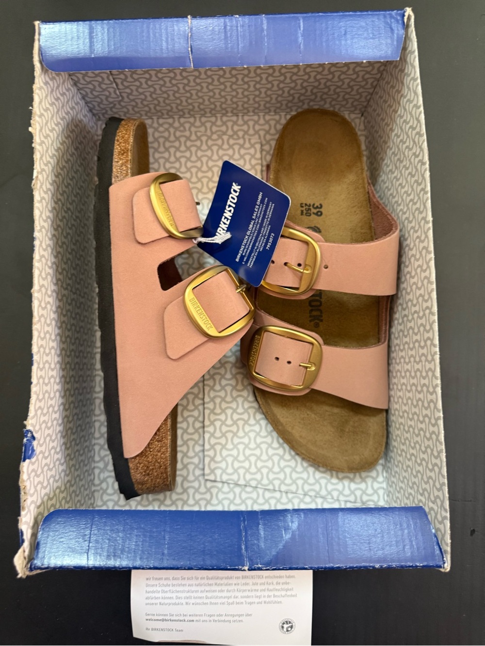 Birkenstock Arizona Pink Sandals with Gold Buckles